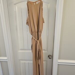 Sleeveless Ruffle-Trim Jumpsuit in Camel